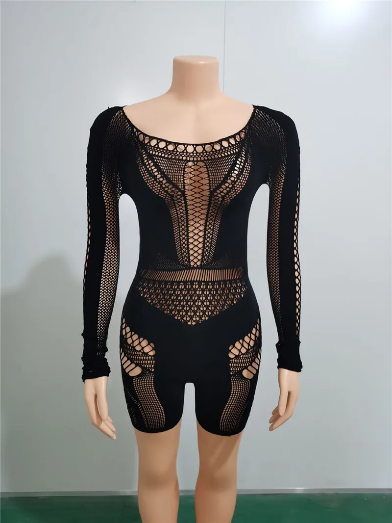 Sexy Uitgeholde Skinny Vrouwen Playsuits Lange Mouwen Doorzien Gebreide Rompertjes Zwart Wit Nachtclub Feestkleding Overall