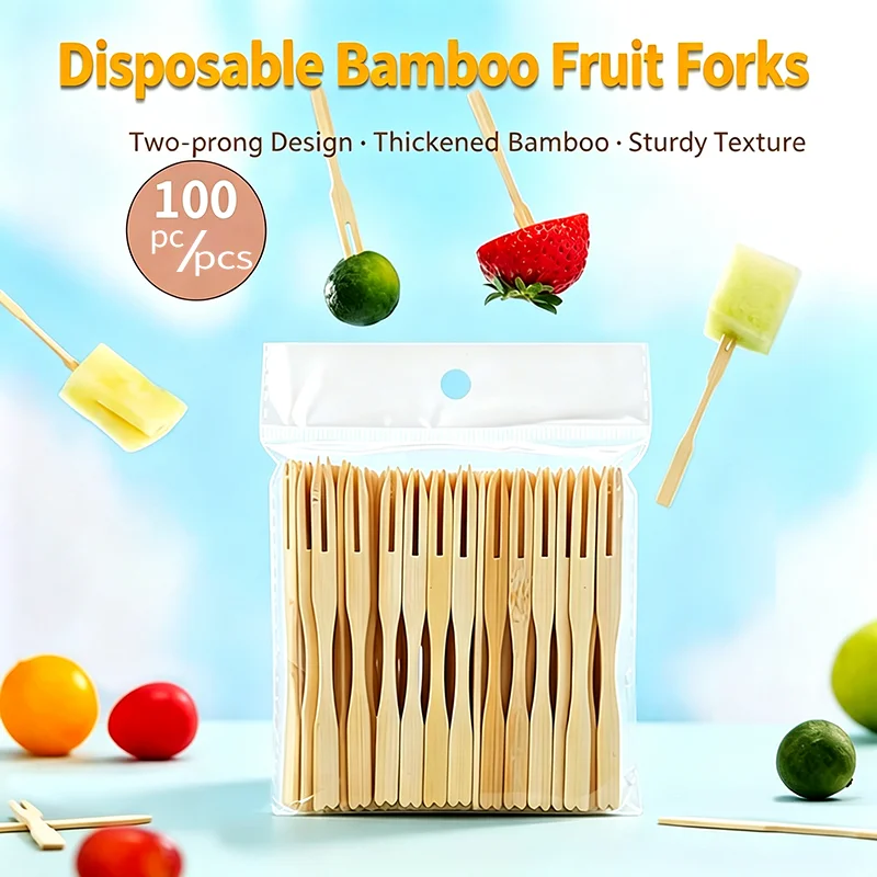 100/200Pcs Disposable Bamboo Fruit Forks 2-Prong Sturdy Picks for Party Cake Dessert Snack Eco-Friendly Cutlery
