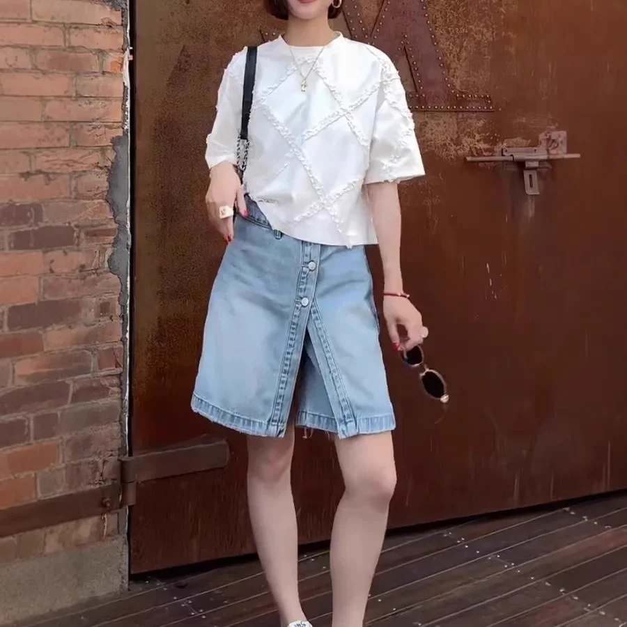 Lichtblauwe denim rok dames zomermode plus maat ontwerp gevoel nep tweedelige a-lijn minirok lage taille katoen