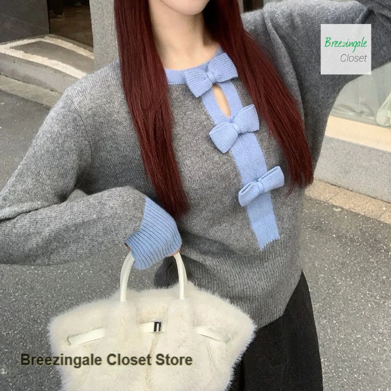 Korean version of small fragrant wind contrast bow bottoming sweater women's autumn and winter high-grade slim sweater top