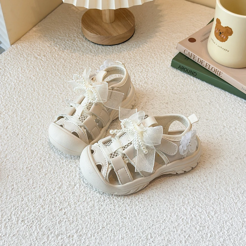 Girls Fashion Shoes Sweet Lace Bow Kids Sports Sandals Soild Color Versatile 2026 Summer Children Princess Casual Shoes Non-slip