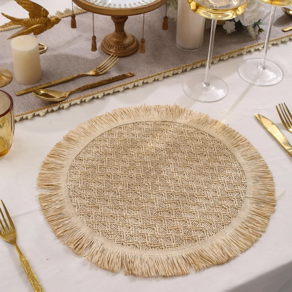 Paper Woven Dining Table Placemat Round Tassel Heat Resistant Non Slip Pad For Sanxin Home Kitchen Decorate