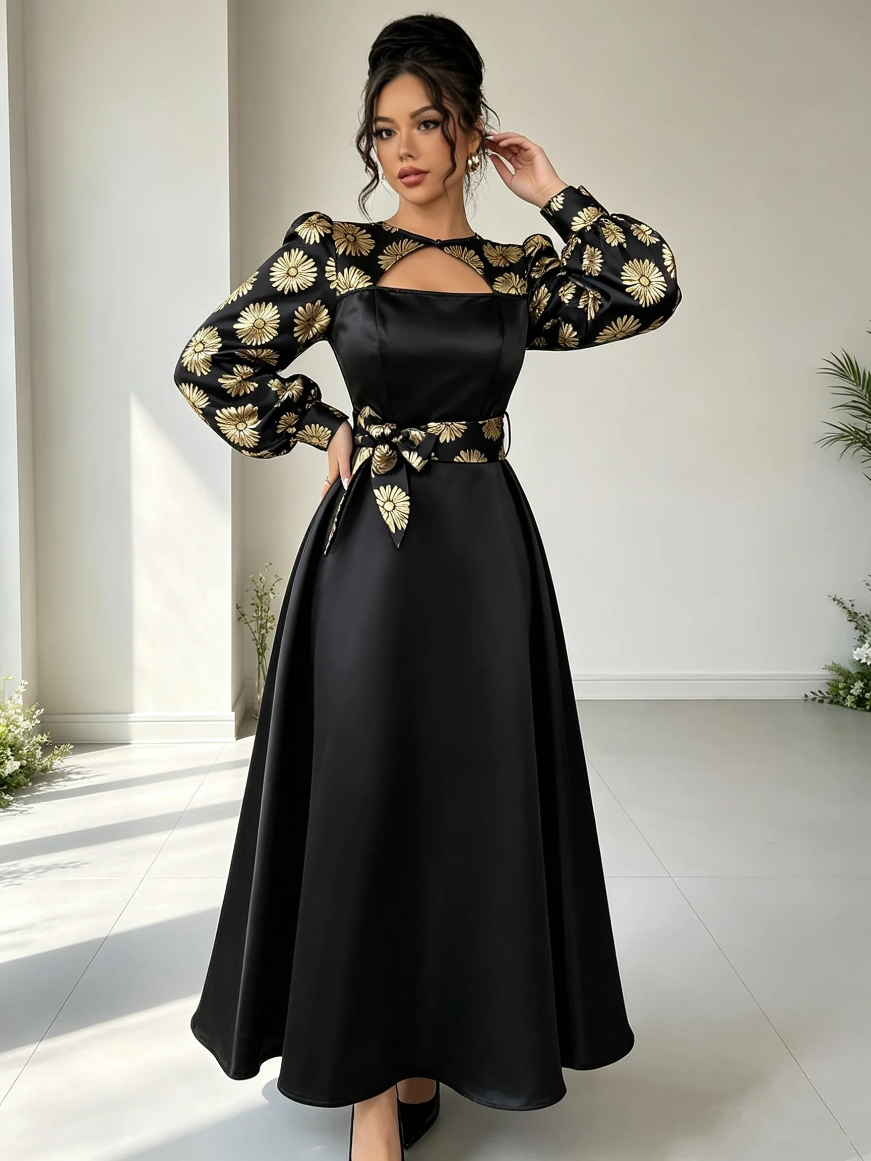Goldenes Blumen-Abendkleid Luxuriöser Eleganter Stil mit Ausschnitt und Spitzenärmeln Glockenförmiger Satin-Körper Formelles Kleid für Festliche Anlässe – Detail 3