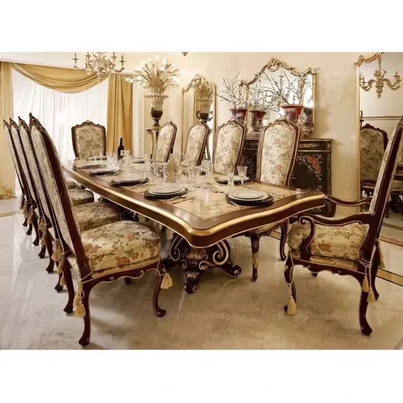 French Furniture Antique Restaurant Solid Wood Dining Table Set with 10 Chairs