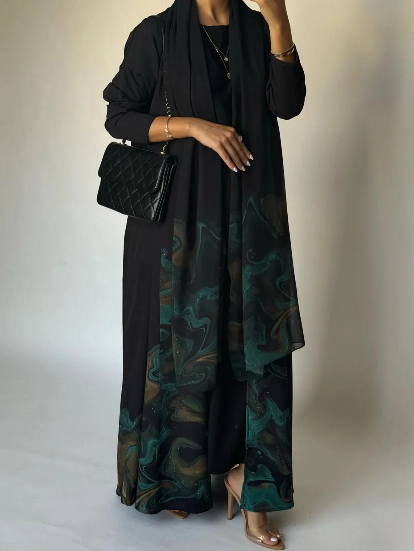 Middle Eastern Loose Open Front Abaya Muslim Full Sleeve Printed Abayas Turkey Kaftans Women Jilbabs Islamic Maxi Dresses