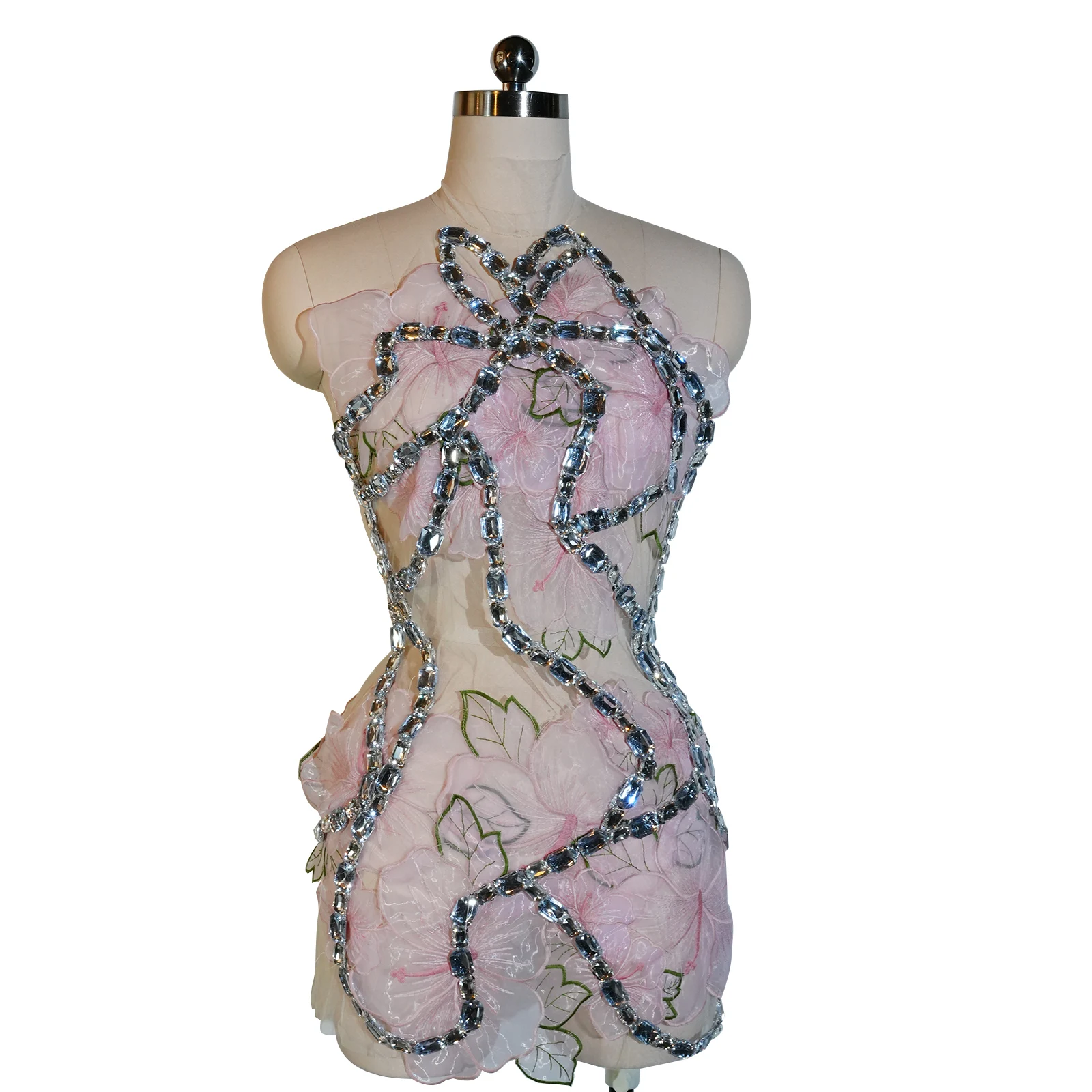 Glänzendes Strass-Bar-Kleid, kurzer Rock, rosa, sexy Kleid, Neckholder, Feiern, Leistung, Party, Geburtstag, Sängerin, Tanz, GO Drag Queen