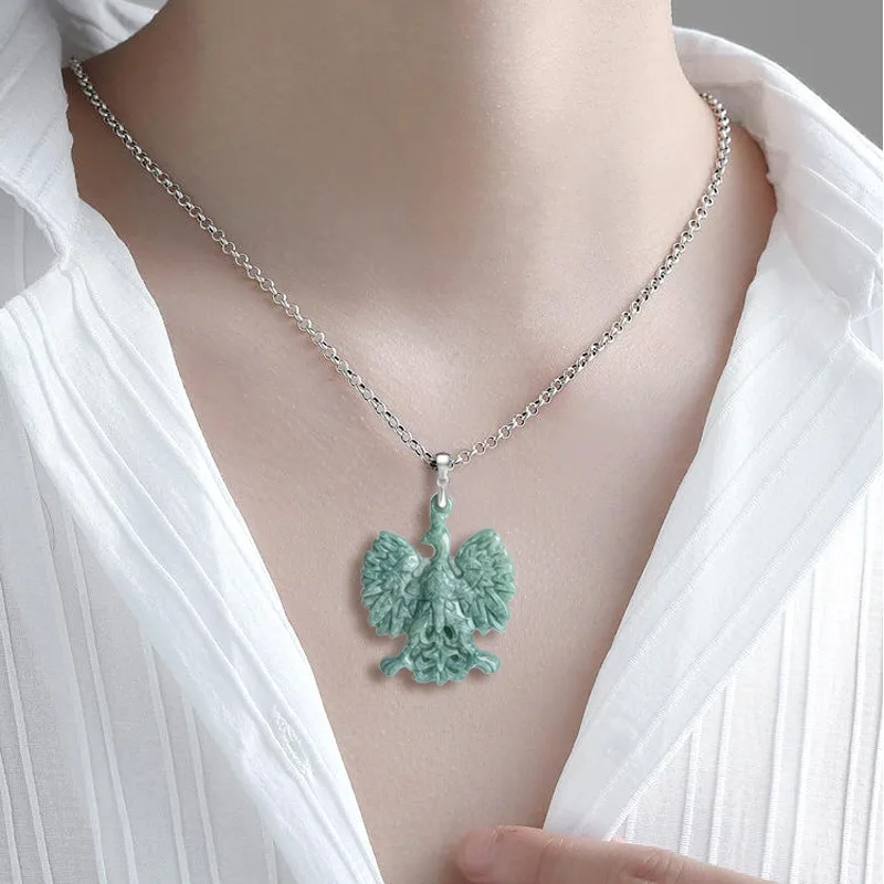 Natuurlijke Burmese Smaragd Adelaar Van Vrijheid Jade Hanger 925 Zilveren Ketting Gesneden Mode Charme Sieraden Amulet Cadeau Voor Vrouwen Mannen