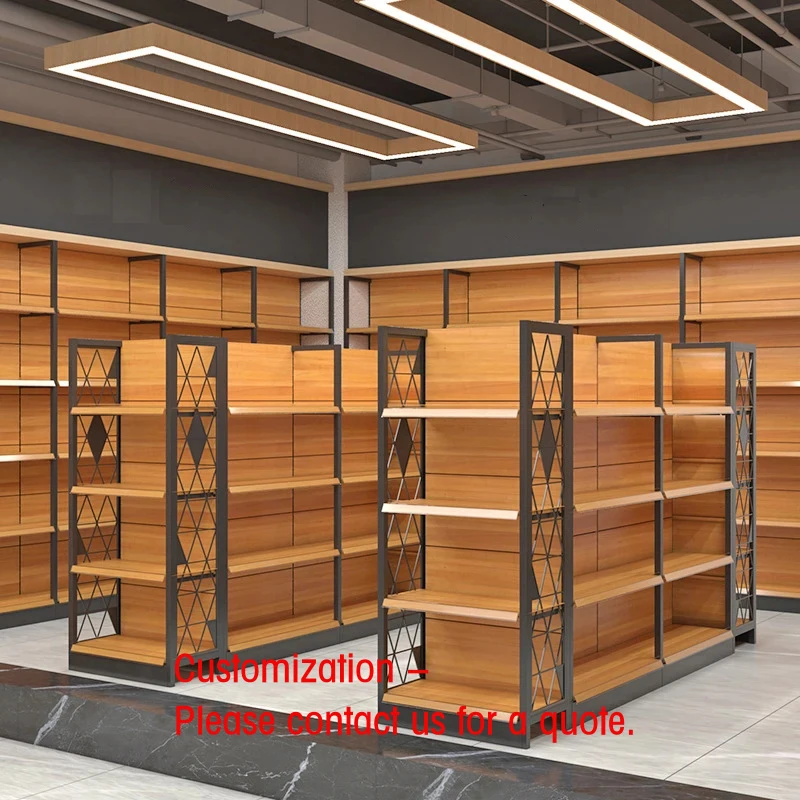 custom.Wood Grain Paint Shopping Mall Shelves Beer Beverage Grain and Oil Display Shelves Large Supermarket Shelves