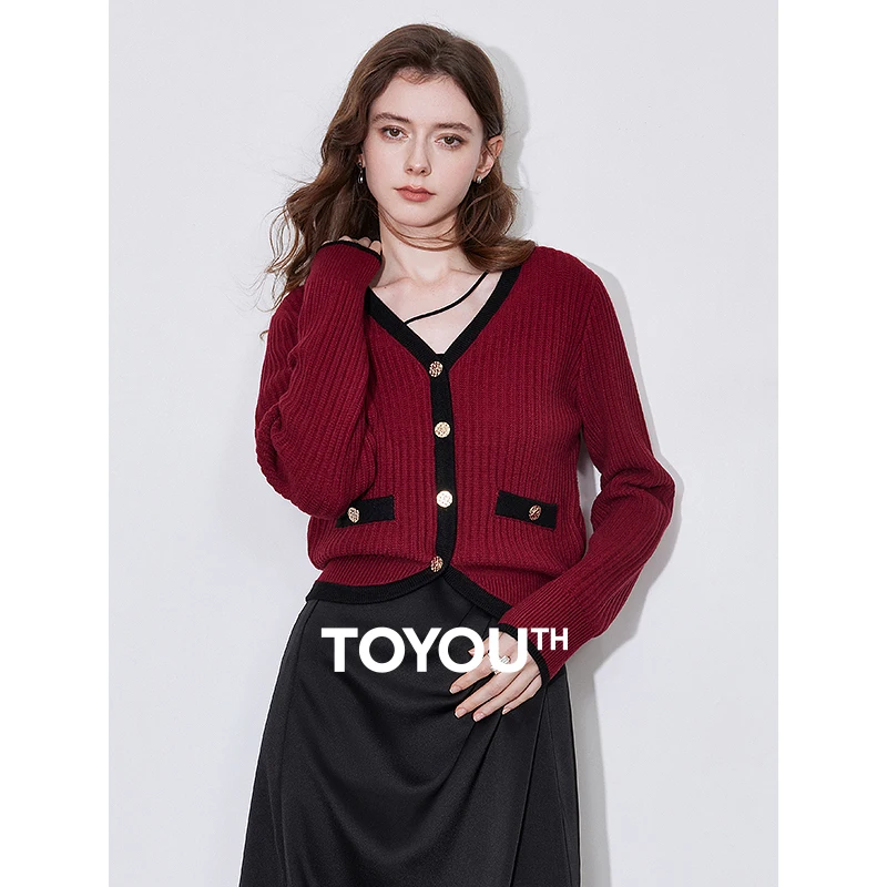 TOYOUTH Women Knitted Cardigan 2025 Spring New V-neck Contrasting Color Single Breasted Button Sweater Jacket Coat