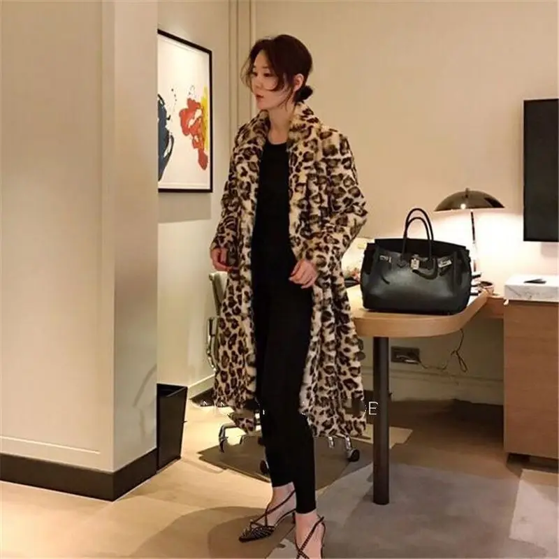 Luxury Fashion Leopard Long Jackets Coats Women 2022 Winter Thick Warm Outerwear Brand Fashion Faux Fur Coat Female