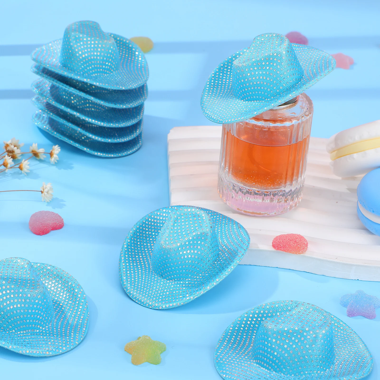 12 stuks Mini Glitter Cowboyhoeden Voor Ambachten: Stevig Polyester Mini Cowgirl Hoeden Bulk Diy Haaraccessoires Wijnfles Covers Party