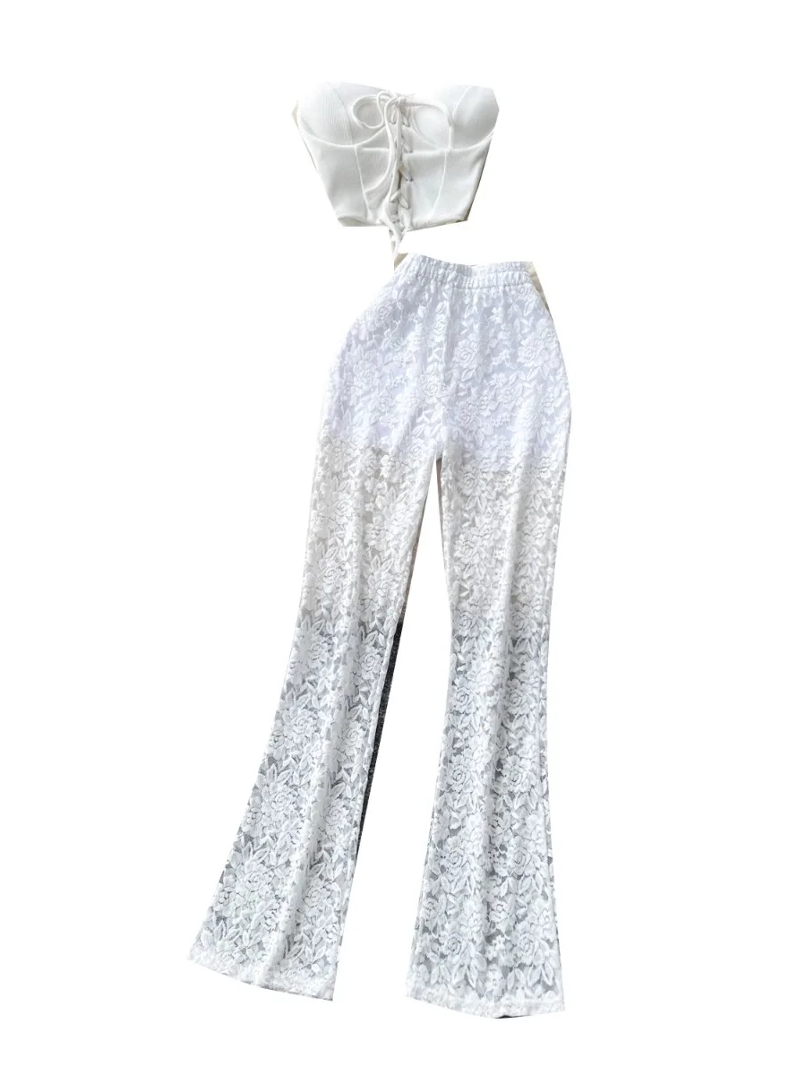 Foamlina American Ins Weibliche Sexy Träger Ärmellose Tube Top Enge Weste Camis + Hohe Taille Hüfte Wrap Spitze Hosen Hosen