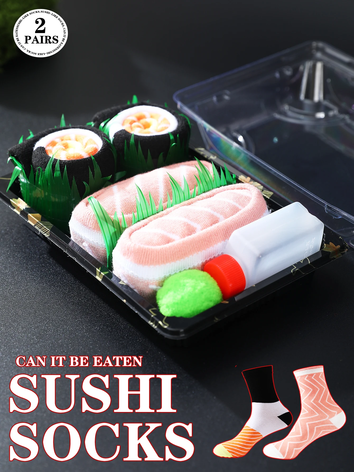 2pair of mid-calf unisex socks in a salmon sushi design, a novel and creative practical gift that is fun for the holidays.