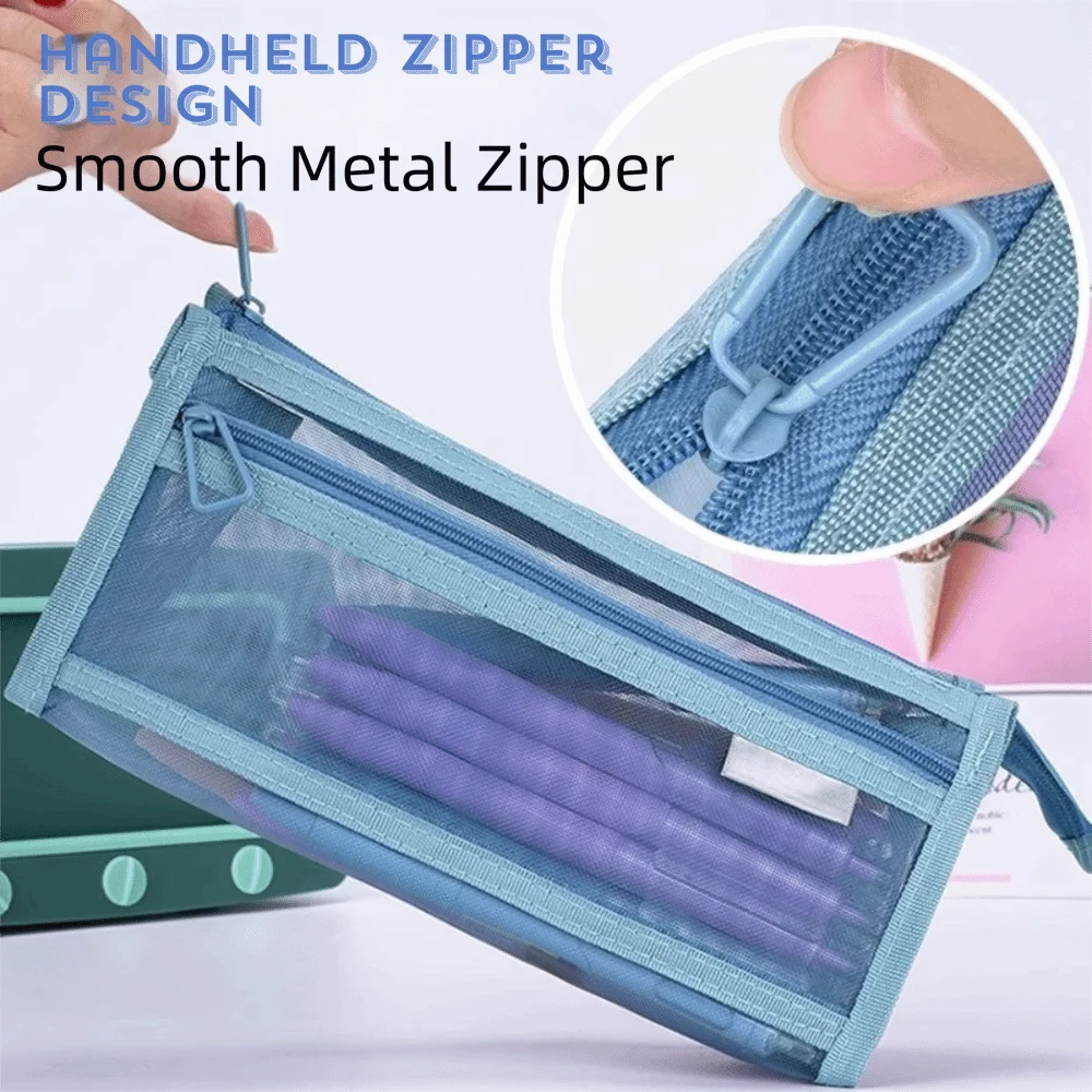 Transparent Mesh Pencil Case Double Layer Large Capacity Pencil Pouch With Zipper With Handle Stationery Bag Exam Specific