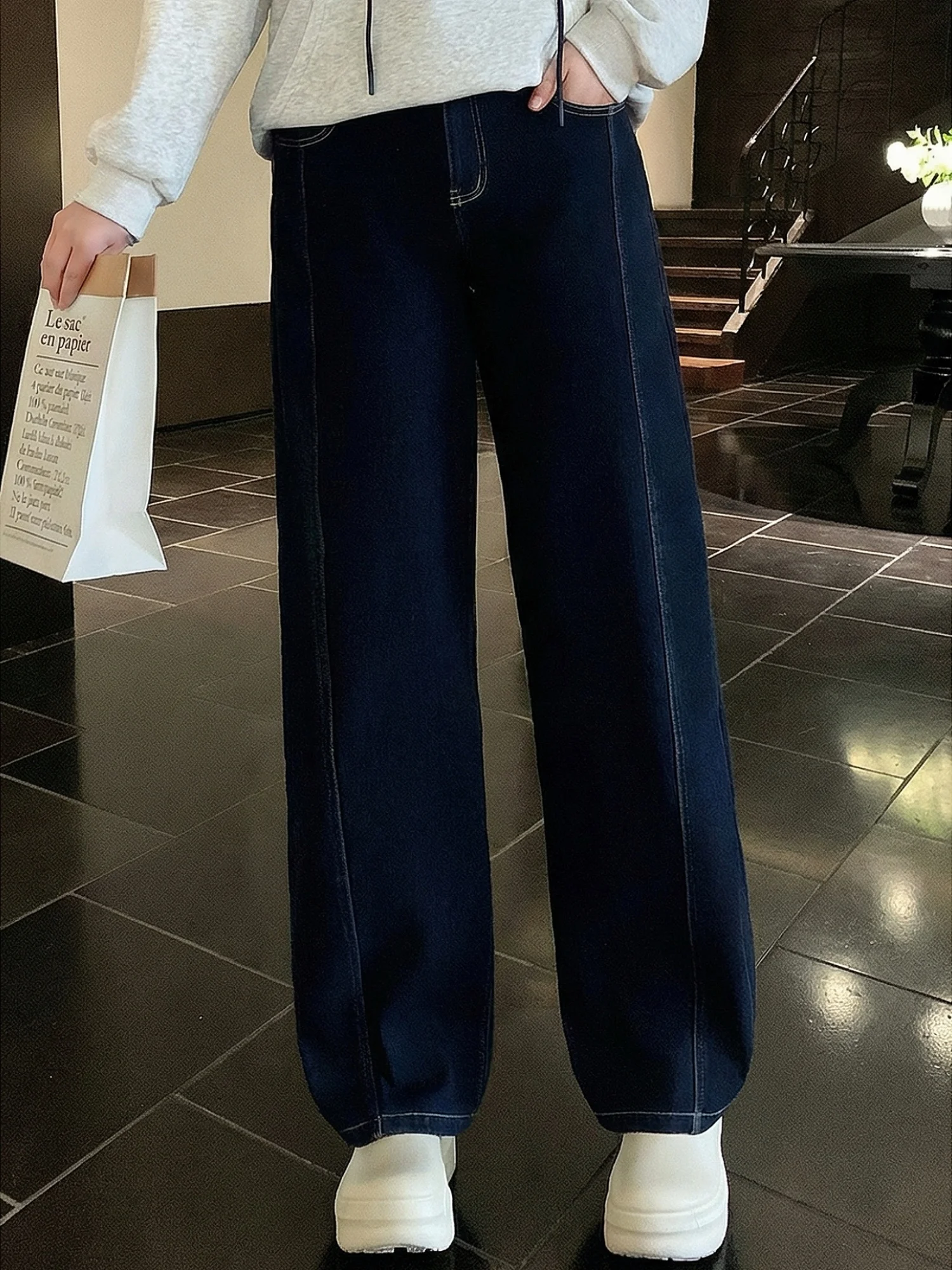 

Джинсы с высокой талией, на флисовой подкладке, широкие, прямого кроя, повседневные, теплые, для женщин больших размеров, на зиму