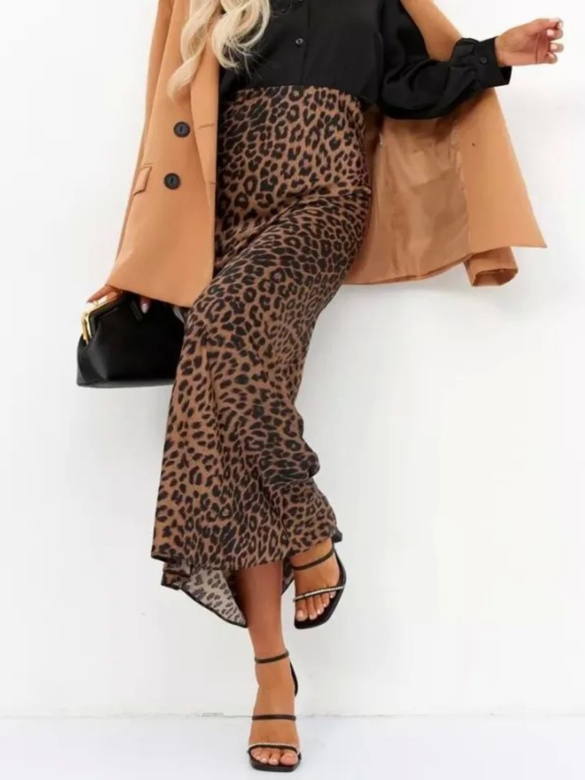 

Sexy High Waist Leopard Print Skirt Elastied Waist f-length A-Line Gown Street Sle Polyester Fiber Spring Summer Faion