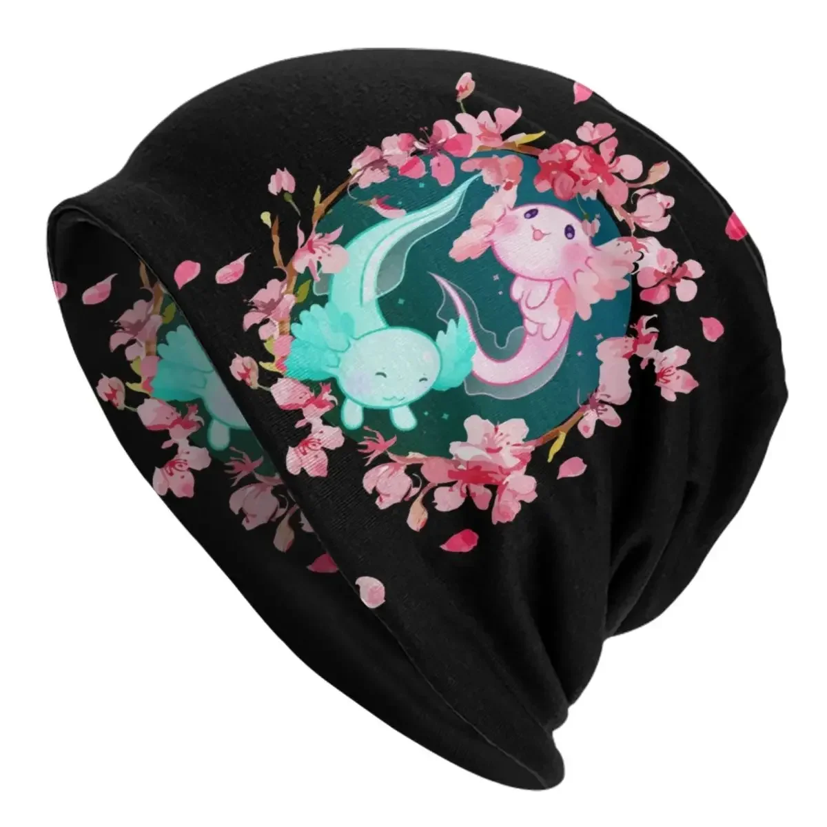 Cute Axolotl  Cherry Blossoms Skullies Beanies Caps Unisex Streetwear Winter Knitting Hat Salamander Animal Bonnet Hats