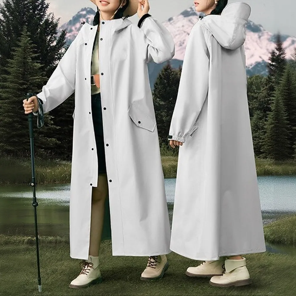 Reusable Hooded Raincoat for Adults Unisex Long Sleeve Polyester Jacket Coat Thickened Mid Length Solid Color Casual Use