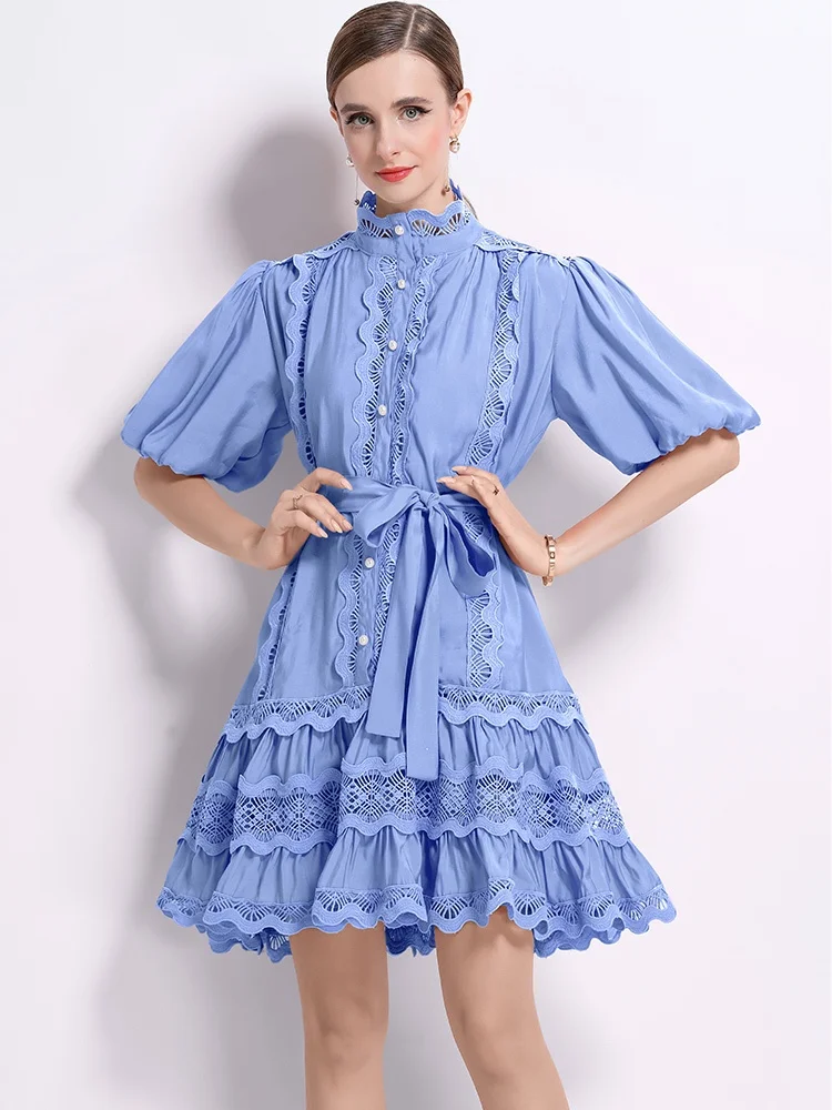 

High-End Lace Hollow Out Spliced Summer Dresses For Women Stand Collar Short Sleeve High Waist Lace Up Temperament Runway Dress