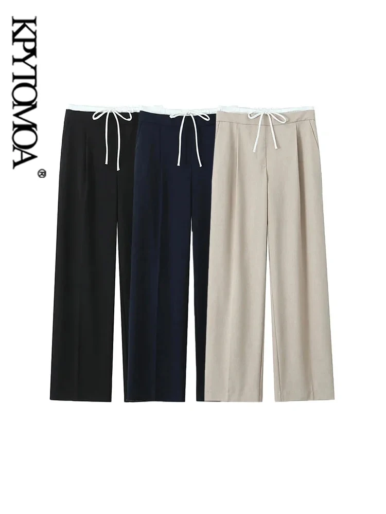 KPYTOMOA Women Double Waistband Wide Leg Pants High Elastic Waist With Drawstring Side Pockets Female Trousers Chic Fashion