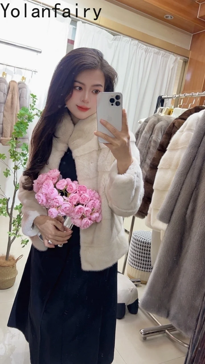 เสื้อแจ็คเก็ตขนมิงค์นำเข้า YOLANFAIRY สำหรับผู้หญิง ฤดูหนาว แบบสั้น สง่างาม คอตั้ง ขนแท้ เสื้อโค้ทขนสัตว์สำหรับผู้หญิง เสื้อคลุมตัวนอก Abrigos Mujer