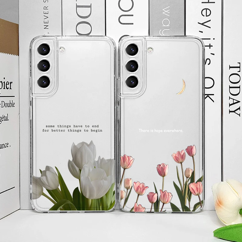 Luxury Pink Tulip Pattern Transparent Phone Case for Samsung A57 A14 A36 A55 A54 A53 A52 A51 A37 A56 A17 Cute Flower Soft Cover