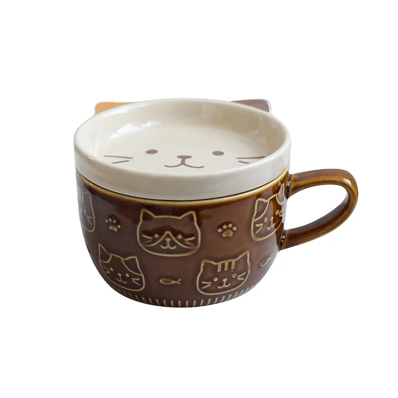 Imagem -02 - Caneca de Porcelana com Tampa Gato Animal Cerâmico Desenhos Animados Japoneses Bonito