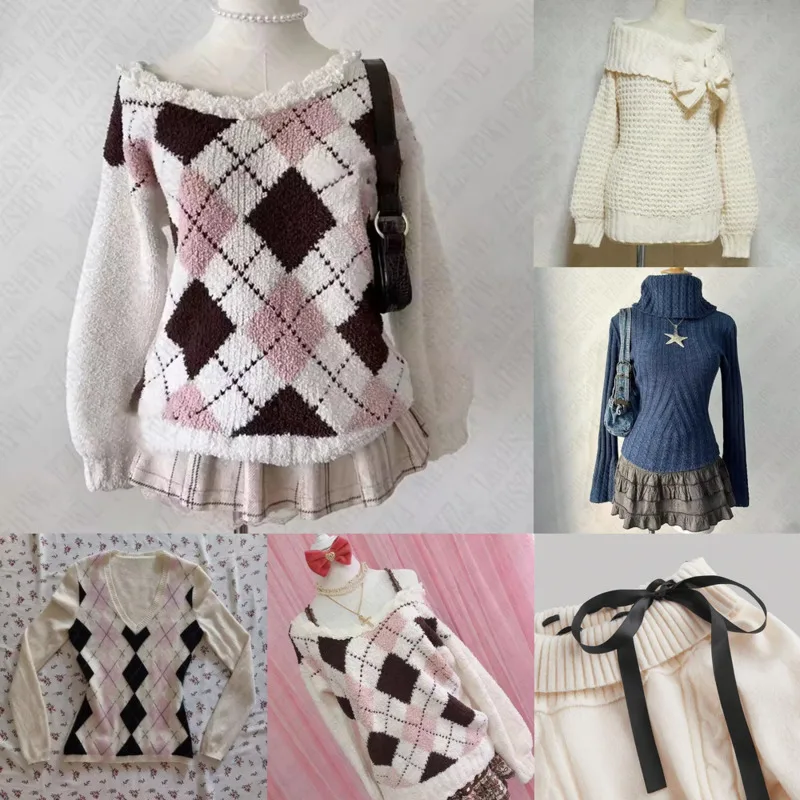Lace Plaid A-Line Dresses Girl Y2K Autumn Winter Off-Shoulder Mini Dresses Ruffle Hem Sweet Fun Outfit Sweater Wear Skirt Top