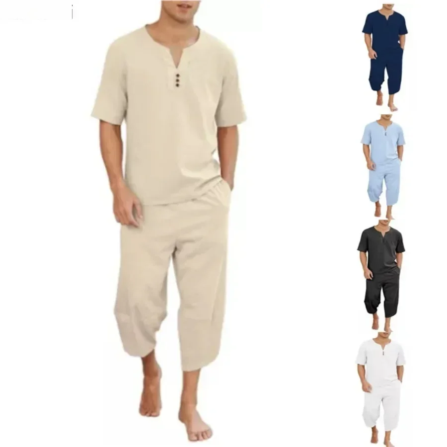 

Men's Hip Hop Cotton Linen Sets Comfort Breathable Men Casual Sport 2 PCS Sets Fashion V-neck Short Sleeve Tops+Pants Suit