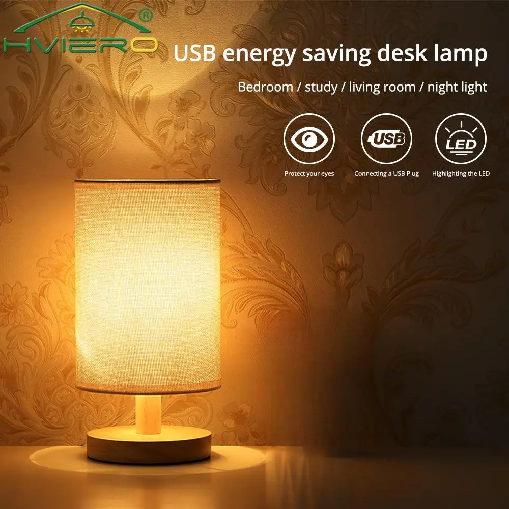 LED Hessian Solid Wood Decorative Lamp 5V USB Table Reading Bedroom Bedside Study Desk For Home Stay Energy Saving Night Light