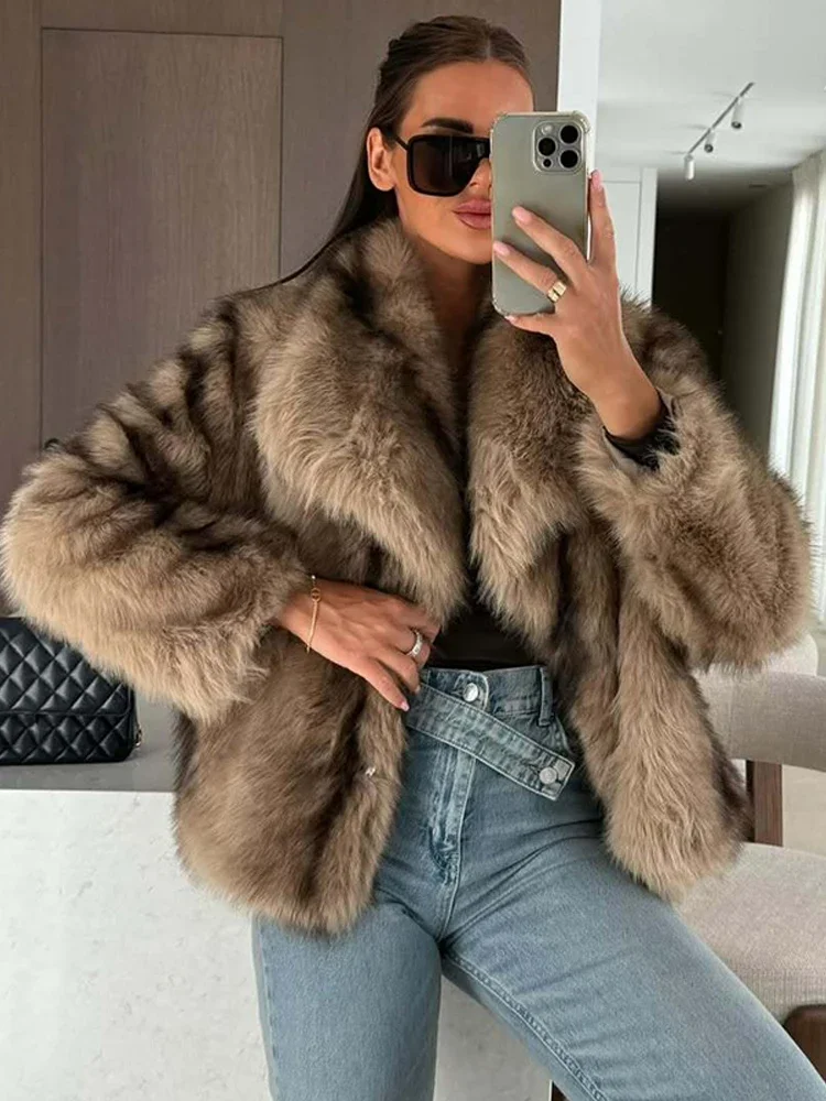 

Women Brown Short Furry Fur Coats Loose Lapel Collar long Sleeves Keep Warm Thick Jacket 2025 New Fashion Daily Outerwear