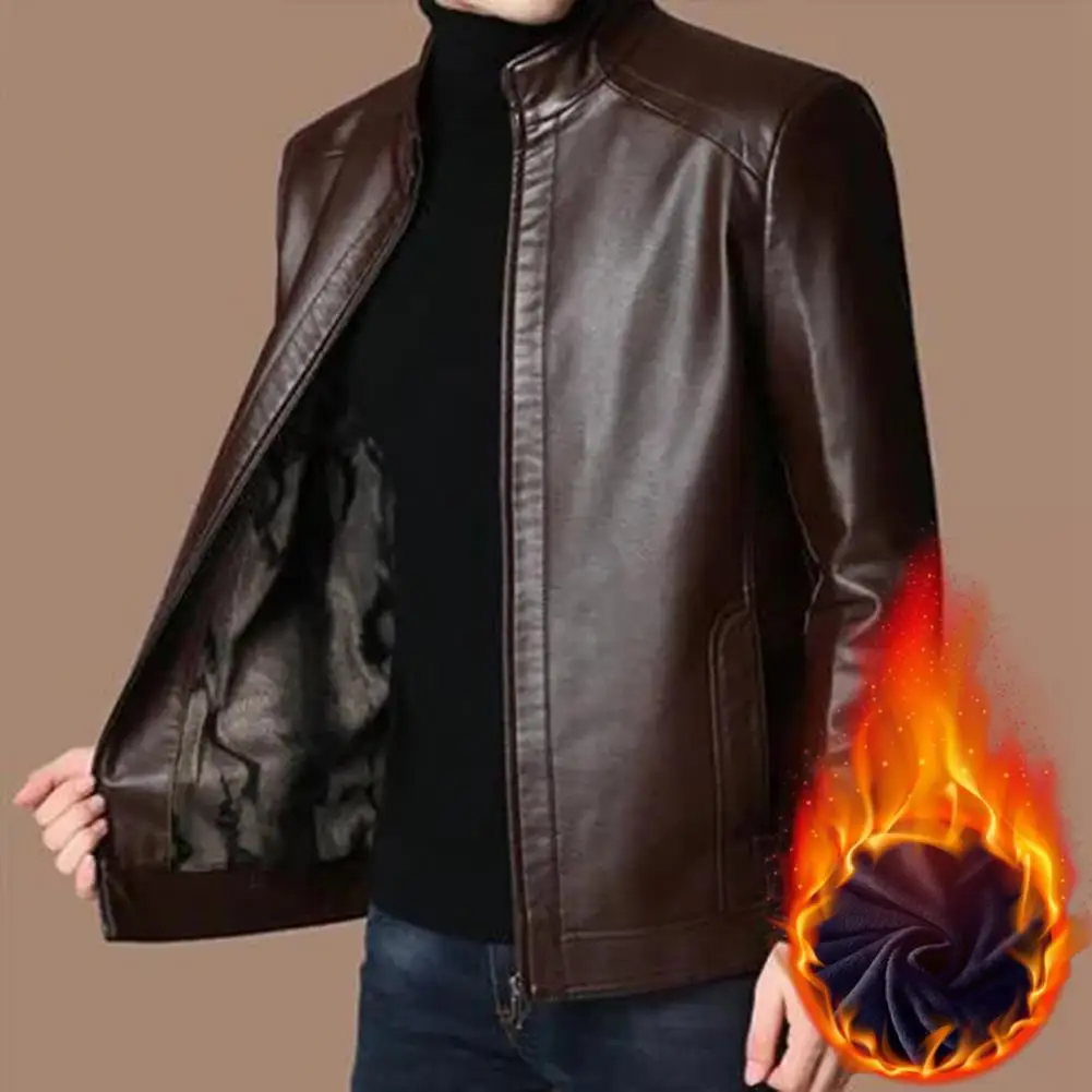 Стильная мужская куртка из искусственной кожи, деловое пальто с плюшевой подкладкой и воротником-стойкой, на молнии, с планкой