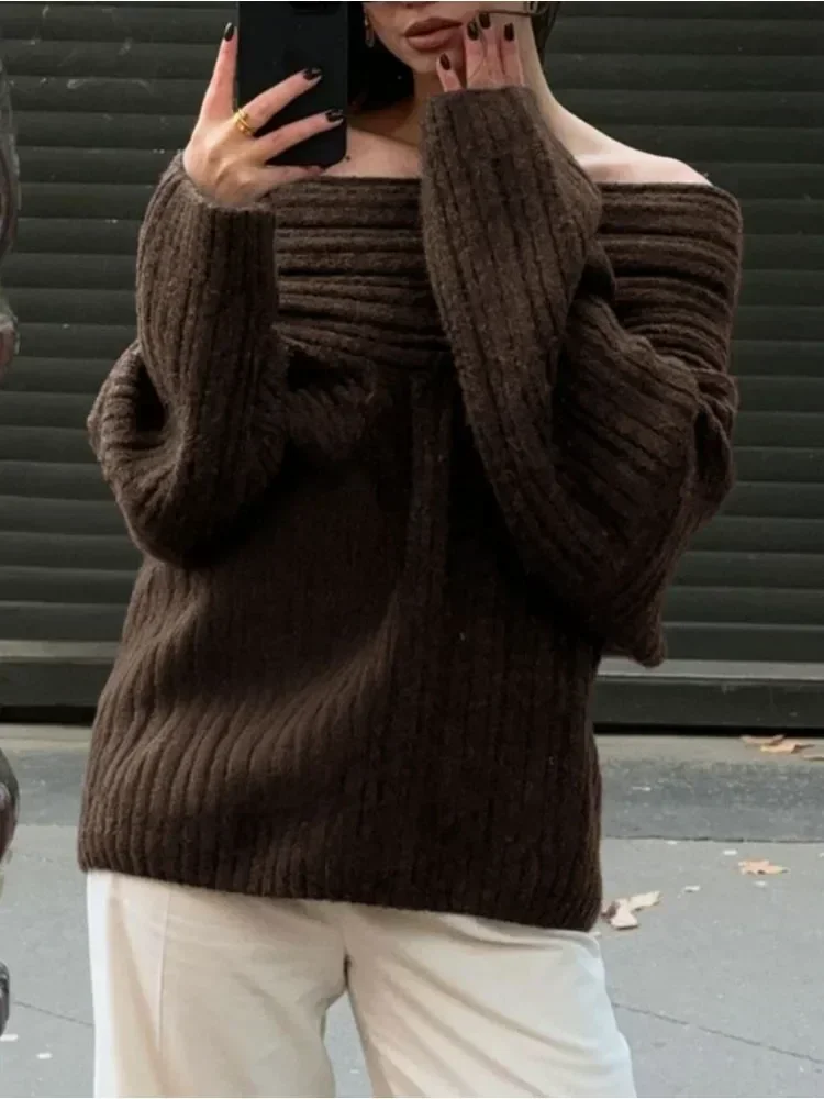 2024 suéteres Borgoña para mujer Otoño Invierno suéter con hombros abiertos blanco de manga larga suéter de gran tamaño para mujer