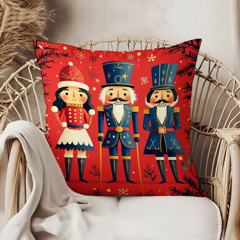 Square Throw Pillow Case Red Christmas Nutcracker Soldier Print Decorative Cushion Cover For Living Room Sofa Bedroom Home