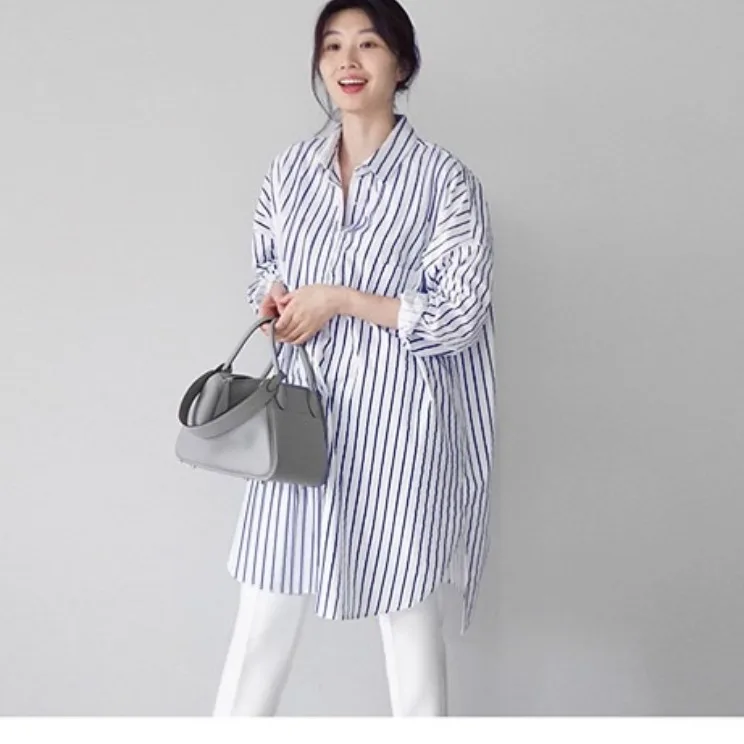 Casual Chic Korean Style Striped Long Sleeve Shirt Women's Slimming Versatile Mid-Length Casual Outerwear Spring Summer