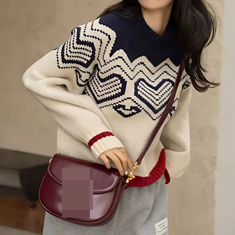 Contrast Color Love Retro Jacquard Sweater Women's Winter New Korean Edition Lazy Loose Round Neck Knit