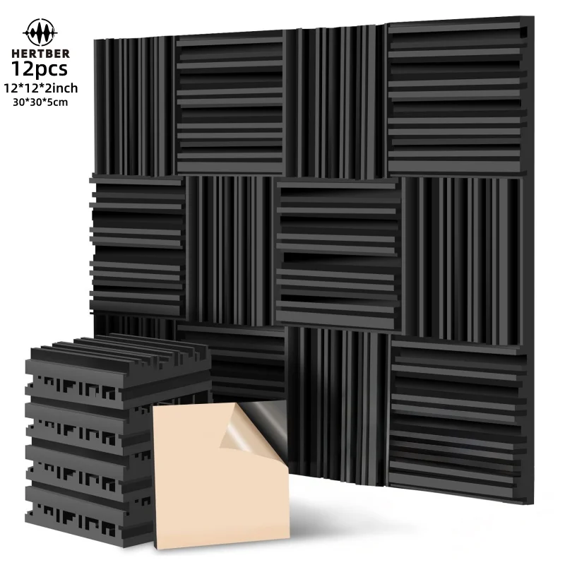 HERTBER 12/24/48 Stück schalldichter Akustikschaum 30×30×5 cm mit selbstklebender Rückseite, schallabsorbierende Wandplatte zur Lärmreduzierung im Innenbereich
