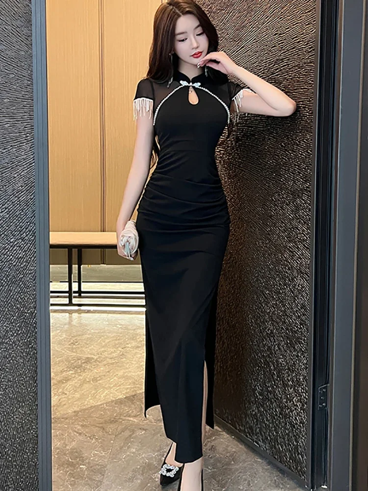 Women Elegant Diamonds Tassel Short Sleeve Robe 2025 Korean Vintage Luxury Cheongsam Dress Summer Red Patchwork Sheer Sexy Dress