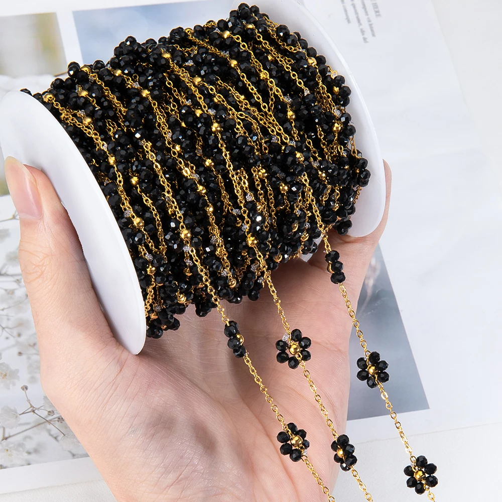 2Meters 1Meter Stainless Steel Black Crystal Flower Chains Natural Stone Beaded Chains for Necklace Earrings DIY Jewelry Making