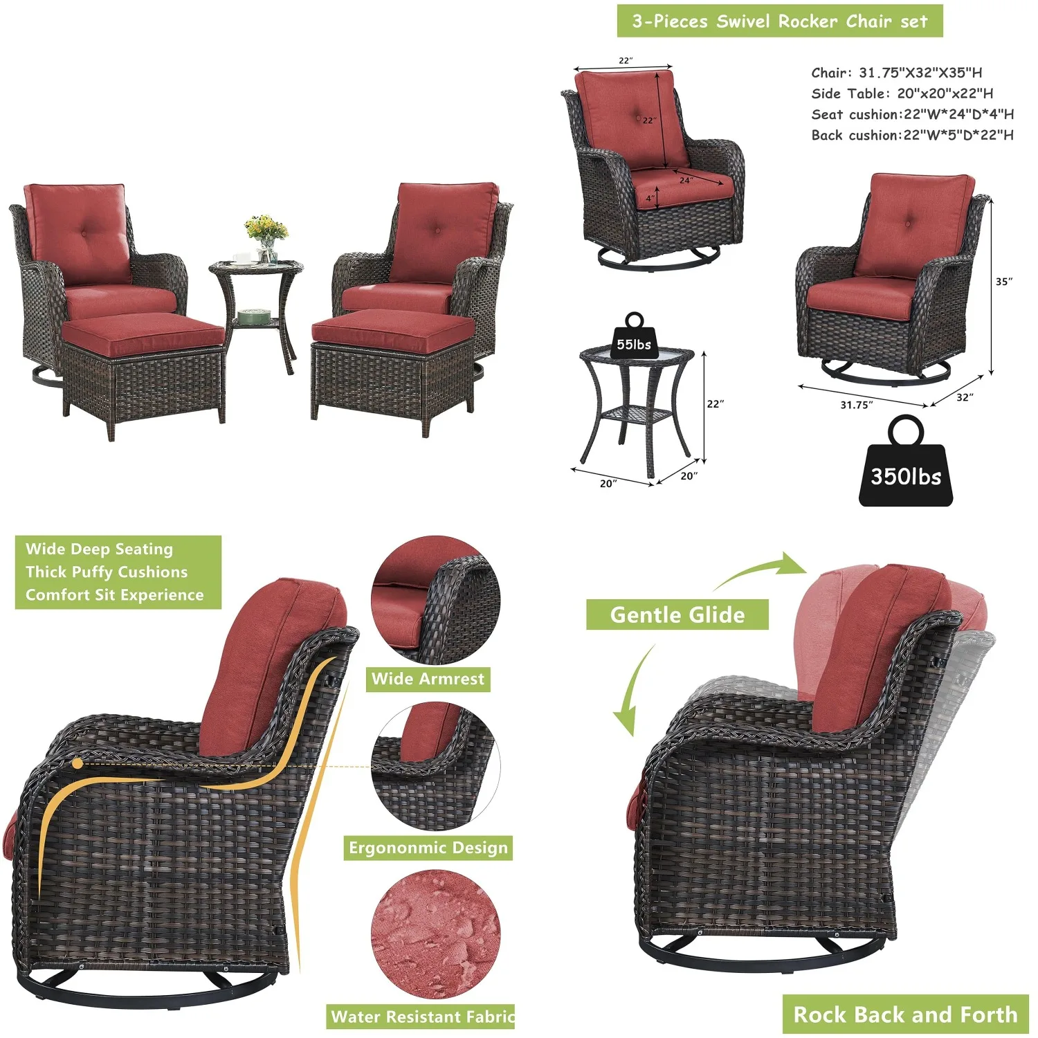

5 Piece Wicker Patio Furniture Set with Swivel Rocking Chairs Ottomans Side Table for Porch Deck Garden Customized
