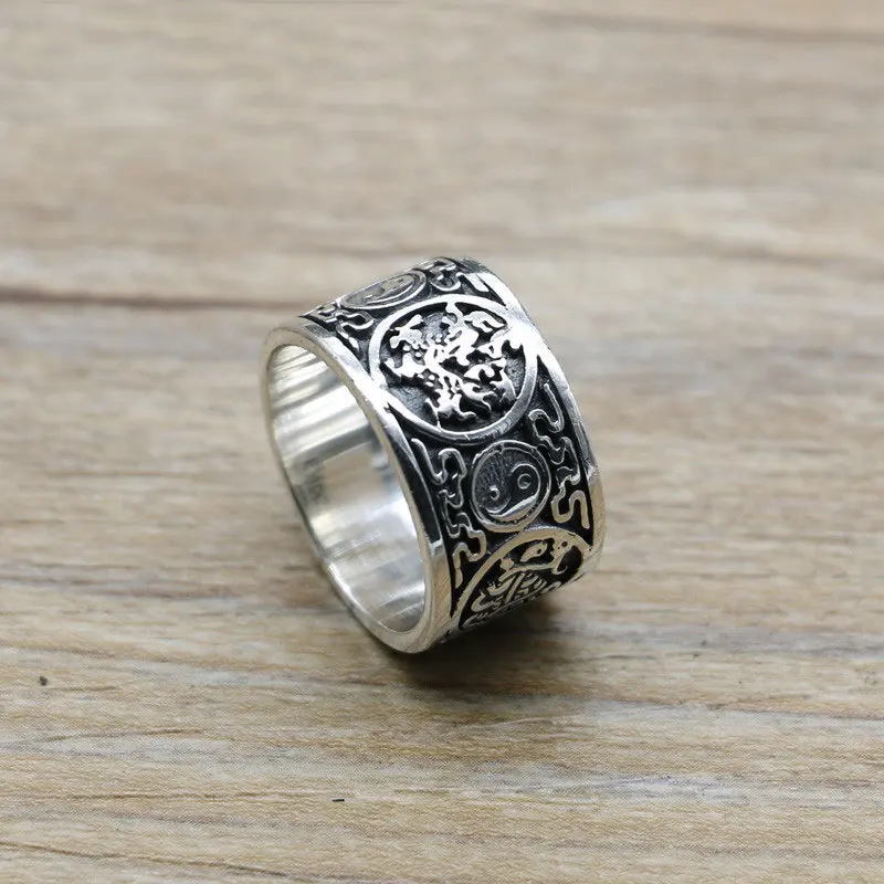 Thai Silver Sterling Silver Finger Ring for Men's Fashion Wide Edge Blue Dragon White Tiger Zhu Que Xuanwu Four Divine Beasts Ei