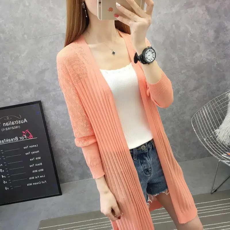 

Кардиган из ледяного шелка для женщин, полый вязаный свитер средней длины, летняя тонкая стильная новая шаль, солнцезащитный крем, рубашка с кондиционером