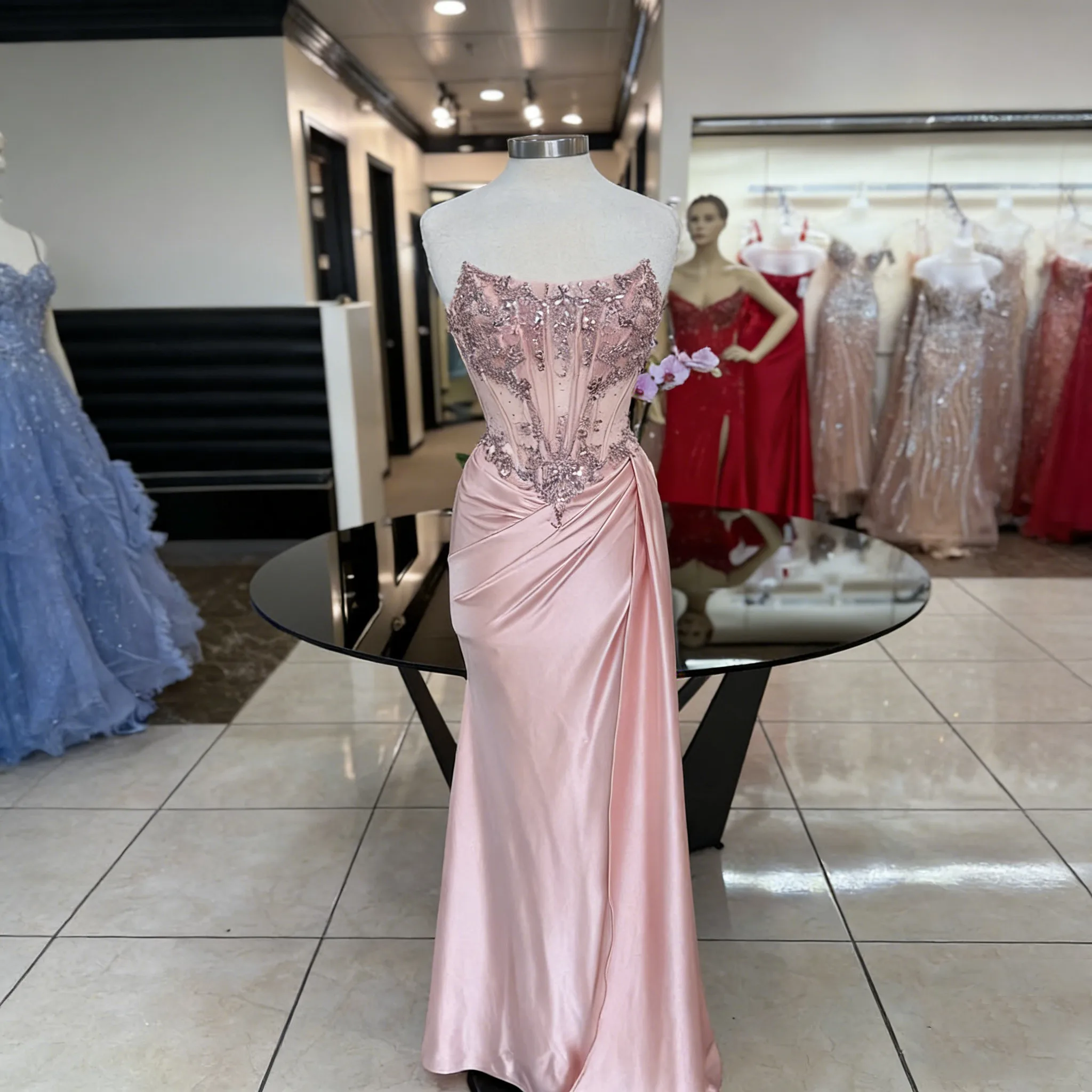 

Роскошные розовые кружевные платья-русалки из Дубая с длинным шлейфом, атласом, кристаллами и бисером, на шнуровке сзади, для выпускного вечера и коктейльных вечеринок