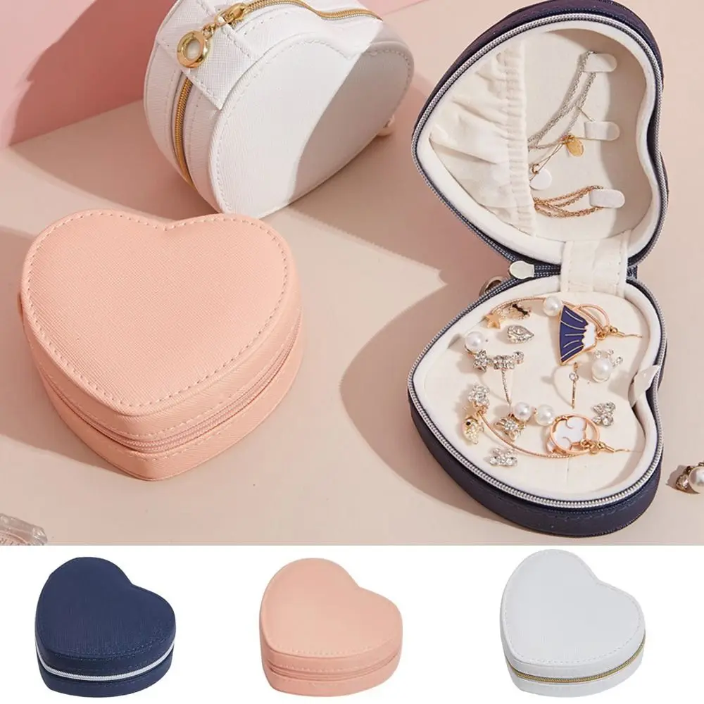 PU Leather Heart-Shaped Jewelry Box Zipper Mini Love Jewelry Box Waterproof Moisture-proof Earrings Necklace Ring Storage Box