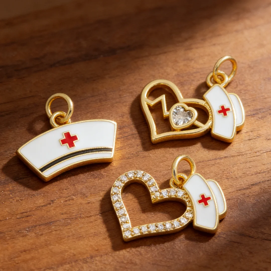 3Pcs Pendants Brass Enamel Zircon Nurse Cap Heart Hollow Charms for DIY Jewelry Making Necklace Bracelet Accessories Men Women