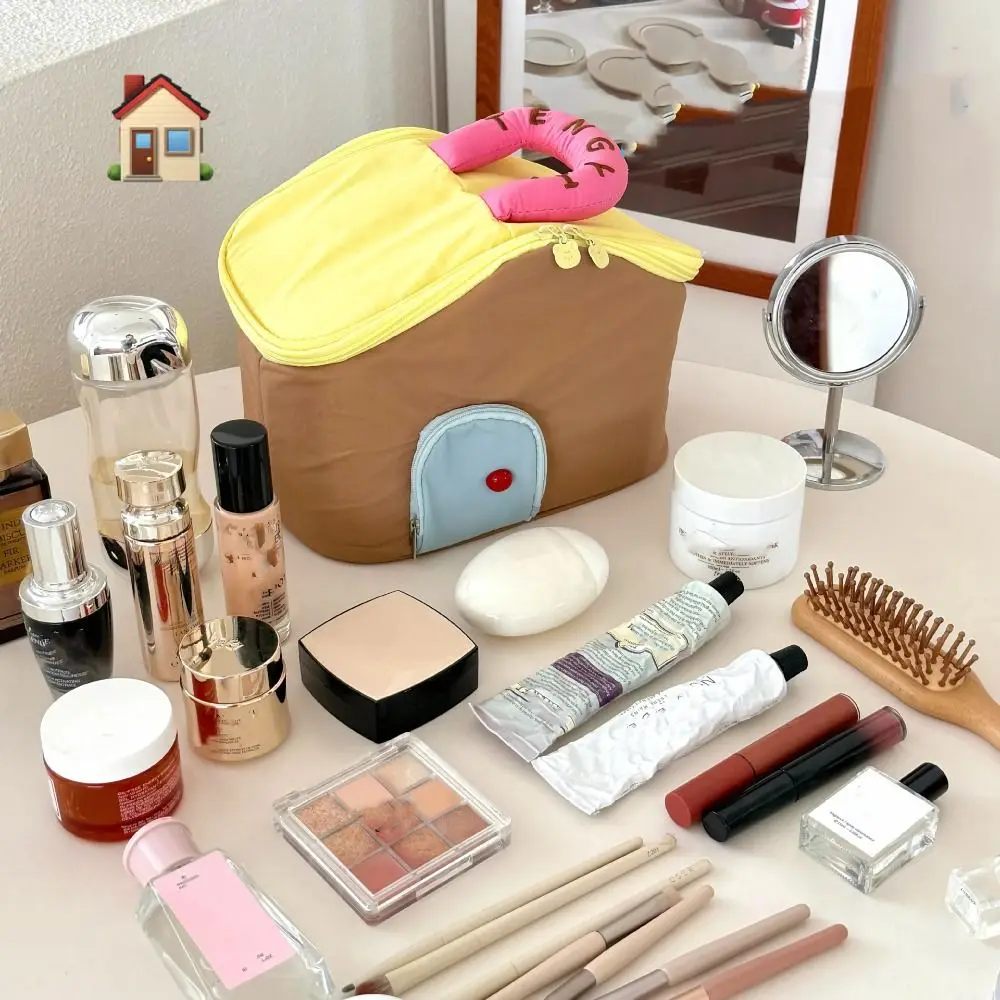 

Waterproof Handheld Makeup Bag Nylon Cartoon House Shape Cosmetic Bag Clutch Bag Large Capacity Skincare Storage Bag Travel