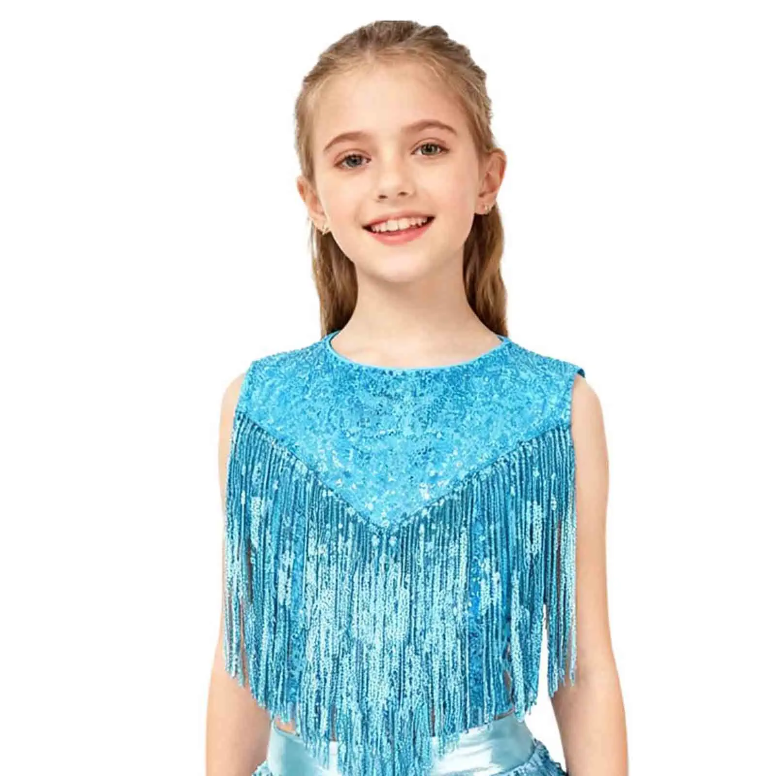 

Girls Kids Sequins Latin 70s Disco Jazz Dance Outfits Sleeveless Tassels Top with Skirt Shorts for Jazz Dance Performance Wear