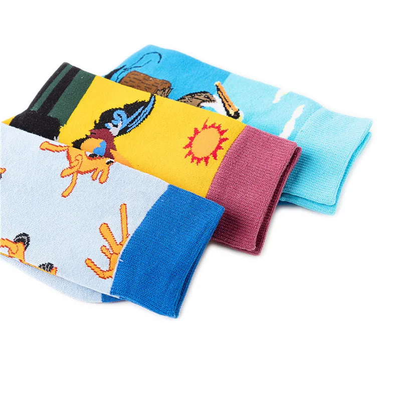 Creative Men Socks Kawaii Cartoon Horse Eagle Penguin Pattern Blue Socks Female Harajuku Skateboard