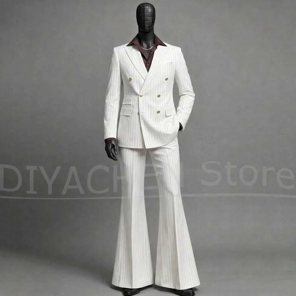Men Striped Double Breasted Suit 2 Piece Fashion Peak Lapel Groom Formal Evening Wedding Party Outfit Jacket with Flare Pants