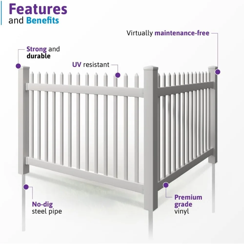 طقم سياج من الفينيل بطول 4 أقدام ارتفاع × 6 أقدام - لوحة واحدة + 1 عمود، مدلاة بيضاء، سهلة التركيب بنفسك